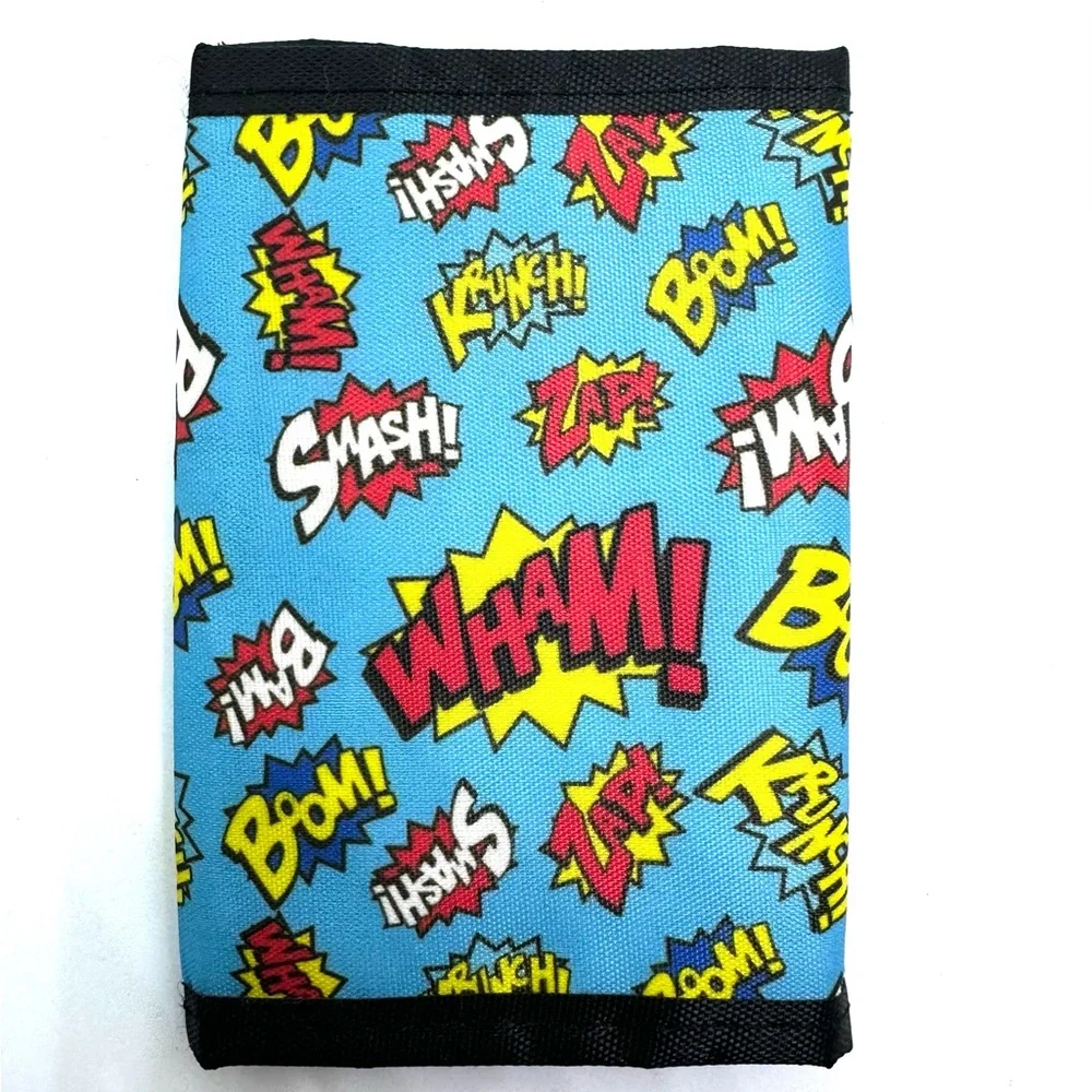 NEW SUPERHERO TRI-FOLD WALLET‎ BLUE BOOM BAM ZAP SMASH KRUNCH WHAM